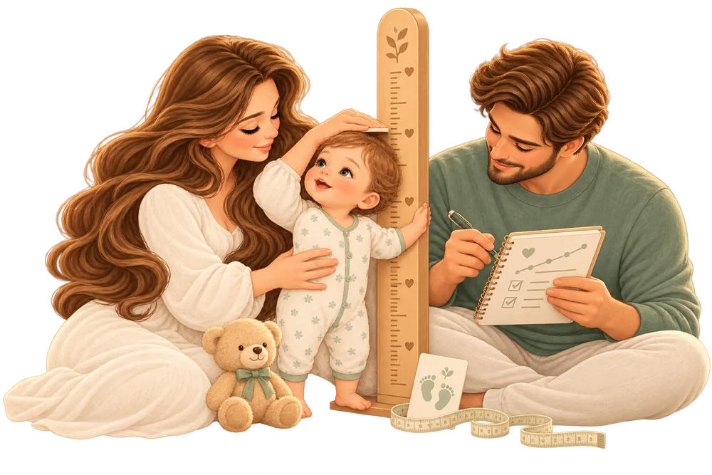 Una madre mide a su bebé junto a una regla de estatura mientras el padre lo anota.