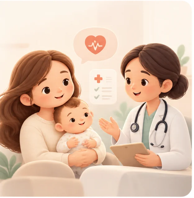 Una madre sostiene a su bebé mientras una profesional de salud le habla con calma, junto a un corazón y una lista.