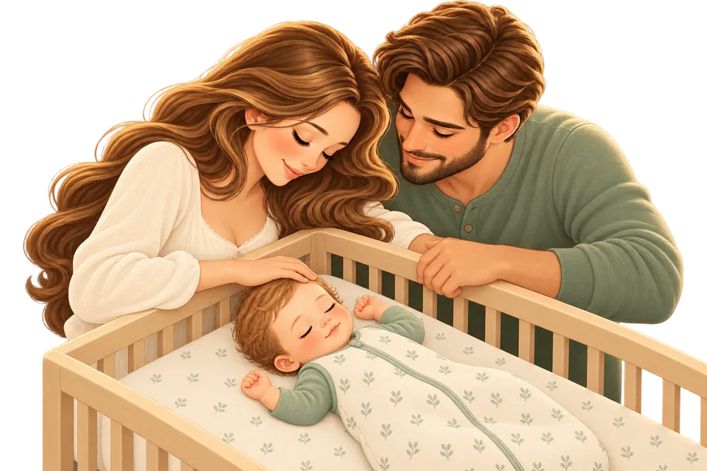 Unos padres miran a su bebé dormir boca arriba en la cuna, con un saco de dormir y sin ropa de cama suelta.