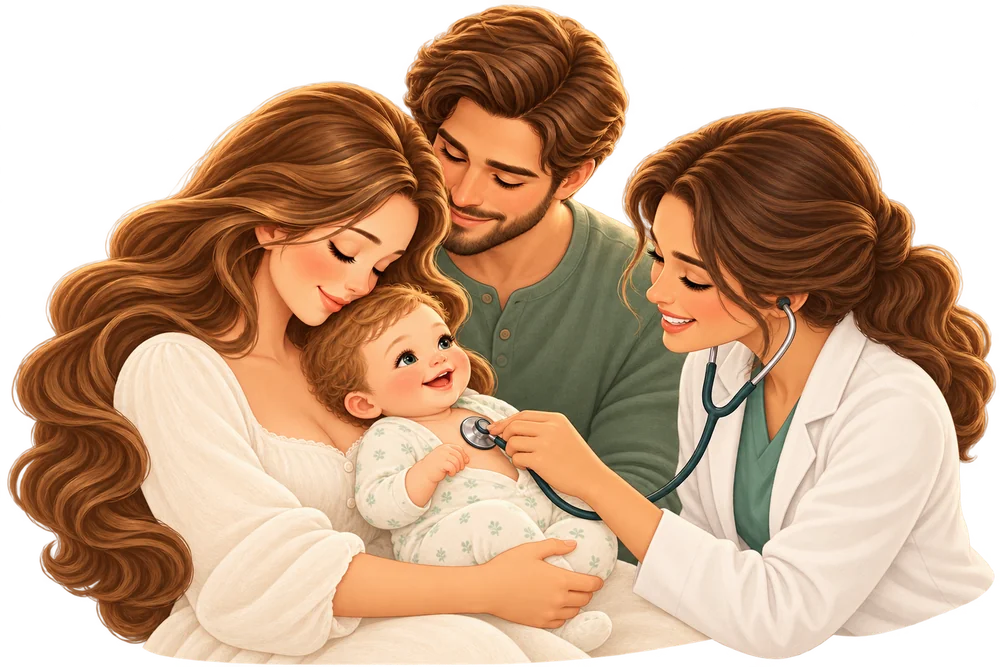 Una profesional de salud escucha con suavidad el pecho de un bebé sonriente con un estetoscopio mientras los padres lo sostienen.