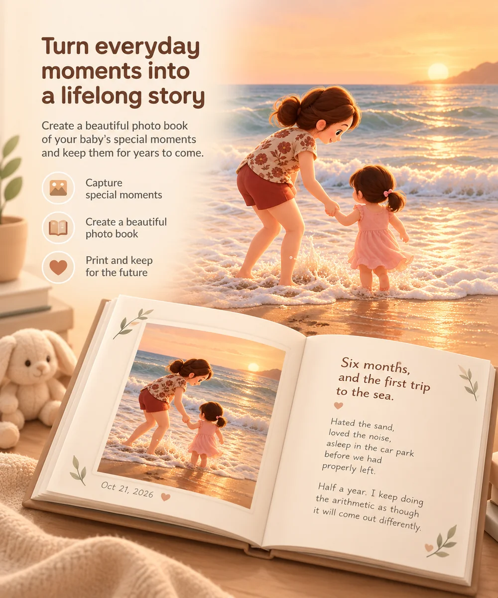 “Turn everyday moments into a lifelong story” (Convierte los momentos de cada día en una historia para toda la vida). Una madre y su pequeña juegan en las olas al atardecer y, debajo, un álbum de fotos abierto guarda esa foto de la playa, con fecha del 21 de octubre de 2026, junto a una página escrita a mano sobre el primer viaje al mar.