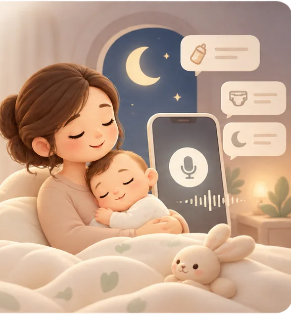 Una madre dormita en la cama con su bebé dormido en brazos, junto a un teléfono que muestra un micrófono, bajo una ventana de noche.