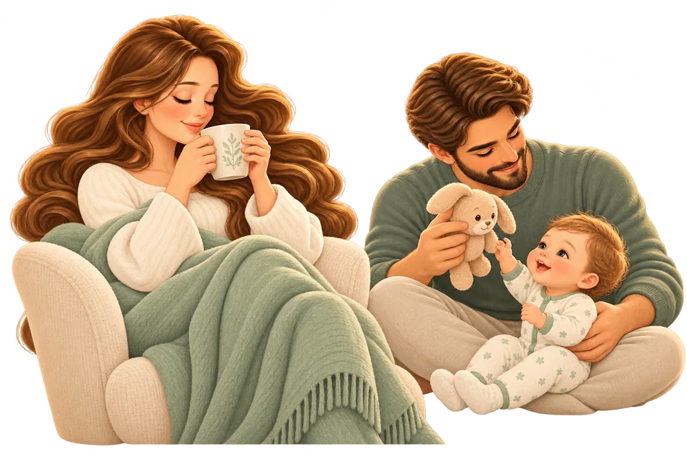 Una madre descansa con una bebida caliente bajo una manta mientras el padre juega con el bebé.