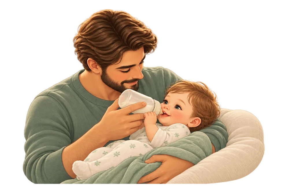 Un padre le da el biberón a su bebé.