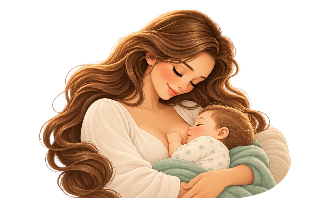 Una madre amamanta a su bebé, envuelto en una manta verde suave.